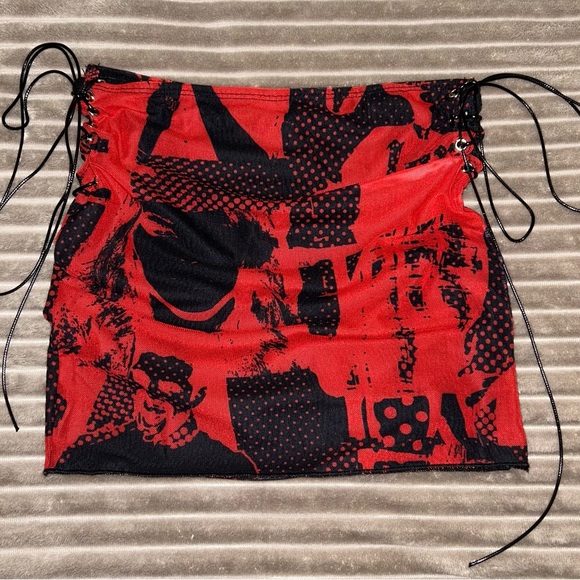 EDIKTED RED AND BLACK MESH POLKA DOT Y2K GRUNGE GRAPHIC LACE UP MINI SKIRT - Picture 3 of 11
